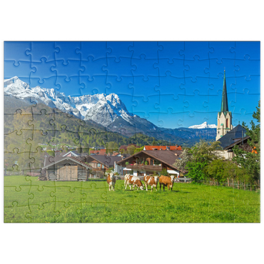 puzzleplate Ortsteil Partenkirchen mit Pfarrkirche Maria Himmelfahrt gegen Zugspitzgruppe 100 Puzzle