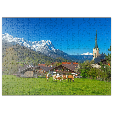 puzzleplate Ortsteil Partenkirchen mit Pfarrkirche Maria Himmelfahrt gegen Zugspitzgruppe 200 Puzzle