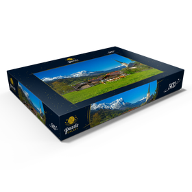 Darstellung des Puzzle Motivs Ortsteil Partenkirchen mit Pfarrkirche Maria Himmelfahrt gegen Zugspitzgruppe - Puzzleteile: 500