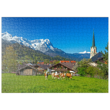puzzleplate Ortsteil Partenkirchen mit Pfarrkirche Maria Himmelfahrt gegen Zugspitzgruppe 500 Puzzle