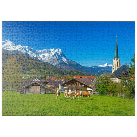 puzzleplate Ortsteil Partenkirchen mit Pfarrkirche Maria Himmelfahrt gegen Zugspitzgruppe 500 Puzzle