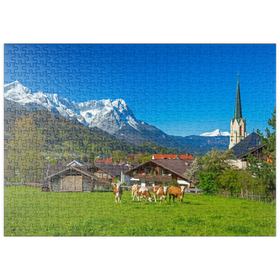 Darstellung des Puzzle Motivs Ortsteil Partenkirchen mit Pfarrkirche Maria Himmelfahrt gegen Zugspitzgruppe - Puzzleteile: 500