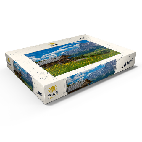 Tschötsch Alm am Puflatsch gegen Sellagruppe und Langkofel, Seiser Alm, Südtirol 1000 Puzzle Schachtel Ansicht1