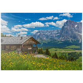 Darstellung des Puzzle Motivs Tschötsch Alm am Puflatsch gegen Sellagruppe und Langkofel, Seiser Alm, Südtirol - Puzzleteile: 1000