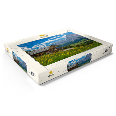 Tschötsch Alm am Puflatsch gegen Sellagruppe und Langkofel, Seiser Alm, Südtirol 100 Puzzle Schachtel Ansicht1