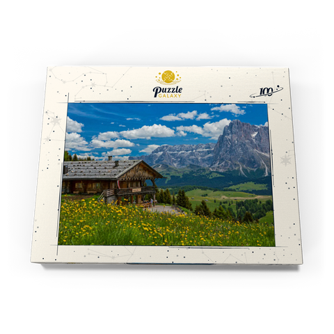 Tschötsch Alm am Puflatsch gegen Sellagruppe und Langkofel, Seiser Alm, Südtirol 100 Puzzle Schachtel Ansicht3