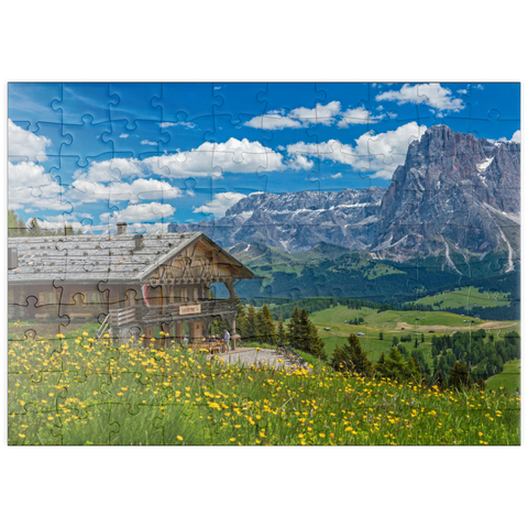 puzzleplate Tschötsch Alm am Puflatsch gegen Sellagruppe und Langkofel, Seiser Alm, Südtirol 100 Puzzle