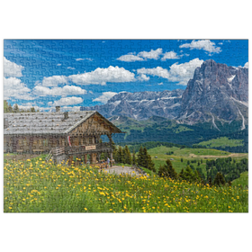 Darstellung des Puzzle-Motivs Tschötsch Alm am Puflatsch gegen Sellagruppe und Langkofel, Seiser Alm, Südtirol – Puzzleteile: 500