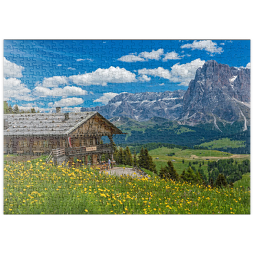 puzzleplate Tschötsch Alm am Puflatsch gegen Sellagruppe und Langkofel, Seiser Alm, Südtirol 500 Puzzle