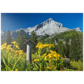 Darstellung des Puzzle-Motivs Brunnen am Kreuzeck mit Alpspitze (2628m), Garmisch-Partenkirchen, Oberbayern – Puzzleteile: 1000