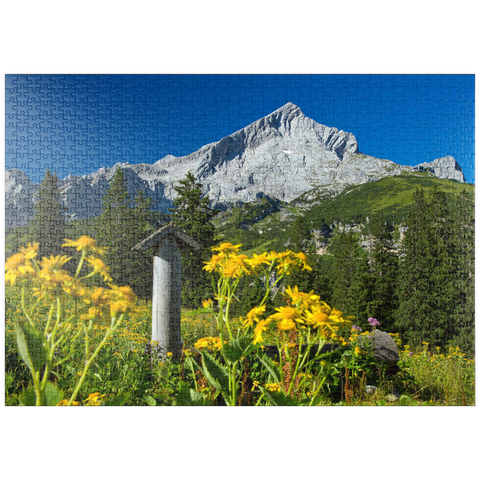 puzzleplate Brunnen am Kreuzeck mit Alpspitze (2628m), Garmisch-Partenkirchen, Oberbayern 1000 Puzzle