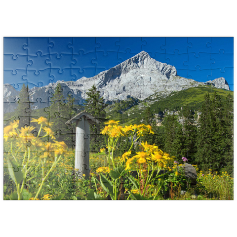 puzzleplate Brunnen am Kreuzeck mit Alpspitze (2628m), Garmisch-Partenkirchen, Oberbayern 100 Puzzle