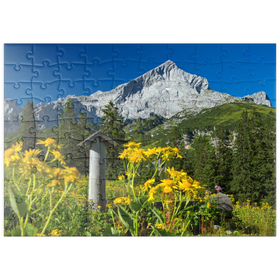 Darstellung des Puzzle Motivs Brunnen am Kreuzeck mit Alpspitze (2628m), Garmisch-Partenkirchen, Oberbayern - Puzzleteile: 100