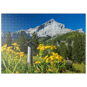 Darstellung des Puzzle Motivs Brunnen am Kreuzeck mit Alpspitze (2628m), Garmisch-Partenkirchen, Oberbayern - Puzzleteile: 500