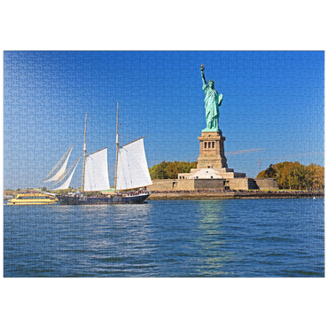puzzleplate Segelschiff mit der Freiheitsstatue, Liberty Island, New York City, USA 1000 Puzzle