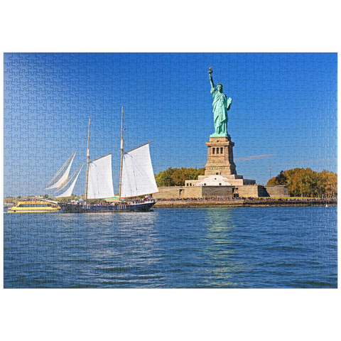 puzzleplate Segelschiff mit der Freiheitsstatue, Liberty Island, New York City, USA 1000 Puzzle