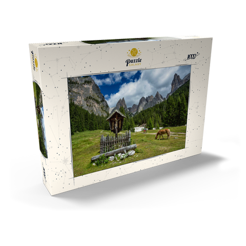 Marterl am Rechten Leger gegen Grasleitengruppe und Valbonagruppe, Trentino-Südtirol, Italien 1000 Puzzle Schachtel Ansicht2