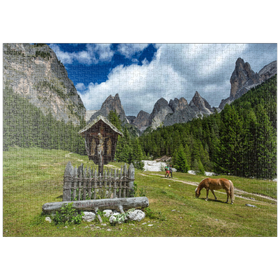 Darstellung des Puzzle-Motivs Marterl am Rechten Leger gegen Grasleitengruppe und Valbonagruppe, Südtirol – Puzzleteile: 1000