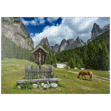 puzzleplate Marterl am Rechten Leger gegen Grasleitengruppe und Valbonagruppe, Trentino-Südtirol, Italien 1000 Puzzle