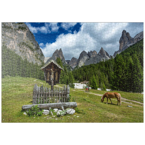 puzzleplate Marterl am Rechten Leger gegen Grasleitengruppe und Valbonagruppe, Trentino-Südtirol, Italien 1000 Puzzle