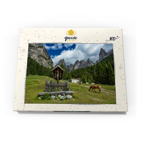 Marterl am Rechten Leger gegen Grasleitengruppe und Valbonagruppe, Trentino-Südtirol, Italien 100 Puzzle Schachtel Ansicht3