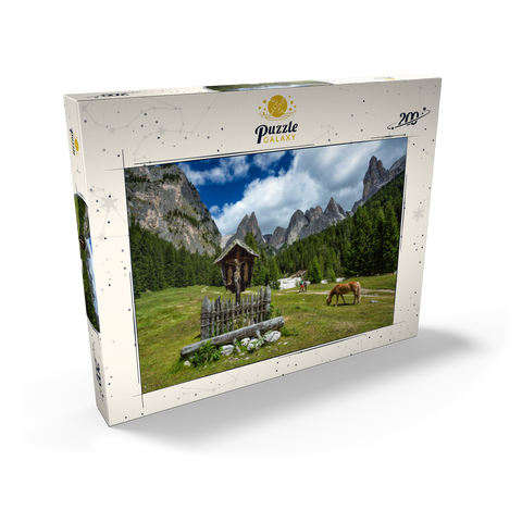 Marterl am Rechten Leger gegen Grasleitengruppe und Valbonagruppe, Trentino-Südtirol, Italien 200 Puzzle Schachtel Ansicht2