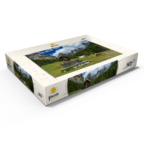 Marterl am Rechten Leger gegen Grasleitengruppe und Valbonagruppe, Trentino-Südtirol, Italien 500 Puzzle Schachtel Ansicht1