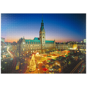 Darstellung des Puzzle-Motivs Weihnachtsmarkt auf dem Rathausplatz mit Rathaus, Hamburg – Puzzleteile: 1000