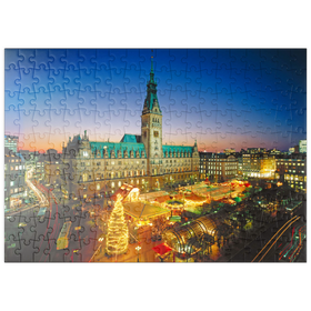 Darstellung des Puzzle-Motivs Weihnachtsmarkt auf dem Rathausplatz mit Rathaus, Hamburg – Puzzleteile: 200