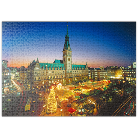 Darstellung des Puzzle-Motivs Weihnachtsmarkt auf dem Rathausplatz mit Rathaus, Hamburg – Puzzleteile: 500