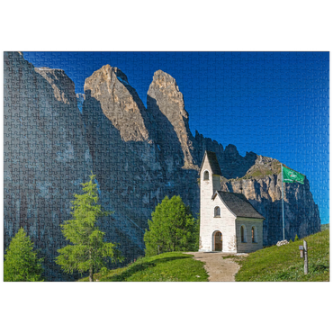 puzzleplate Kirche am Grödner Joch mit Sellagruppe, Dolomiten, Trentino-Südtirol 1000 Puzzle