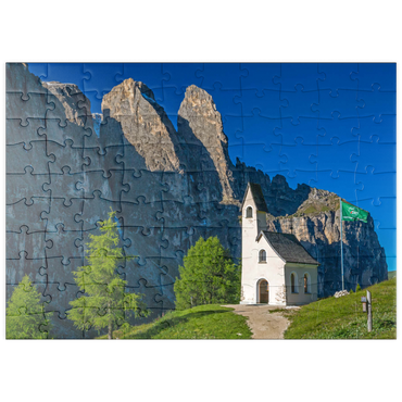 puzzleplate Kirche am Grödner Joch mit Sellagruppe, Dolomiten, Trentino-Südtirol 100 Puzzle