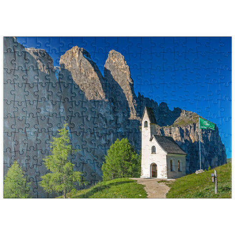 puzzleplate Kirche am Grödner Joch mit Sellagruppe, Dolomiten, Trentino-Südtirol 200 Puzzle