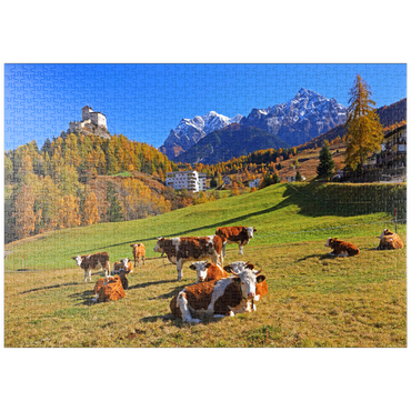 puzzleplate Kühe auf der Weide mit Blick zum Schloss Tarasp, Graubünden, Schweiz 1000 Puzzle