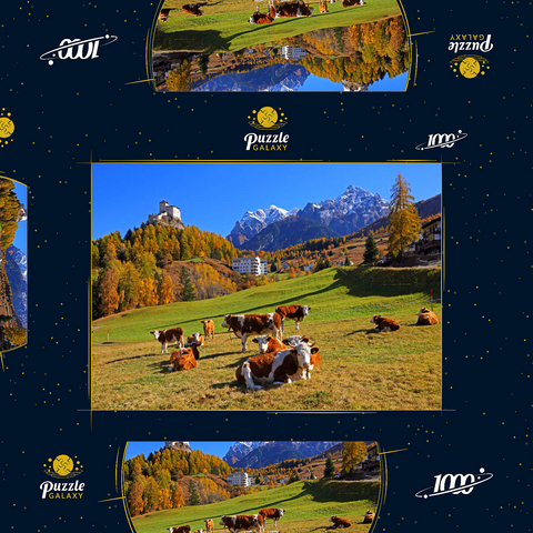 Kühe auf der Weide mit Blick zum Schloss Tarasp, Graubünden, Schweiz 1000 Puzzle Schachtel 3D Modell