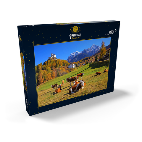 Kühe auf der Weide mit Blick zum Schloss Tarasp, Graubünden, Schweiz 100 Puzzle Schachtel Ansicht2