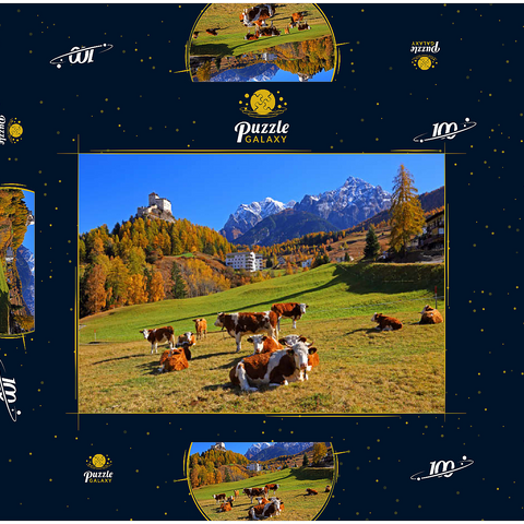 Kühe auf der Weide mit Blick zum Schloss Tarasp, Graubünden, Schweiz 100 Puzzle Schachtel 3D Modell