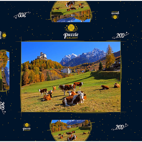 Kühe auf der Weide mit Blick zum Schloss Tarasp, Graubünden, Schweiz 200 Puzzle Schachtel 3D Modell