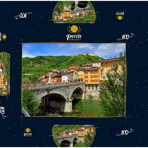 Brücke in der Altstadt über den Sesia mit Blick zum Sacro Monte di Varallo im Valsesia, Italien 100 Puzzle Schachtel 3D Modell