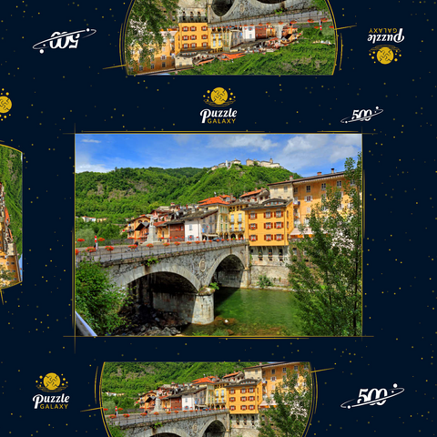 Brücke in der Altstadt über den Sesia mit Blick zum Sacro Monte di Varallo im Valsesia, Italien 500 Puzzle Schachtel 3D Modell