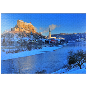 Darstellung des Puzzle-Motivs Blick über die Salzach, Heilig-Geist-Kirche und Pfarrkirche St. Jakob, Burghausen – Puzzleteile: 1000