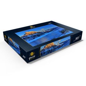 Darstellung des Puzzle Motivs Blick über die Salzach, Heilig-Geist-Kirche und Pfarrkirche St. Jakob, Burghausen - Puzzleteile: 500