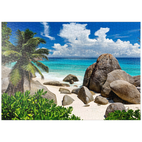 Darstellung des Puzzle-Motivs Granitfelsen am Carana Beach in der Carana Bay, Nordspitze der Insel Mahe, Seychellen – Puzzleteile: 1000