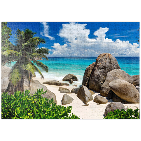 puzzleplate Granitfelsen am Carana Beach in der Carana Bay, Nordspitze der Insel Mahe, Seychellen 1000 Puzzle