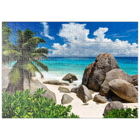 Darstellung des Puzzle Motivs Granitfelsen am Carana Beach in der Carana Bay, Nordspitze der Insel Mahe, Seychellen - Puzzleteile: 200