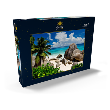 Granitfelsen am Carana Beach in der Carana Bay, Nordspitze der Insel Mahe, Seychellen 500 Puzzle Schachtel Ansicht2