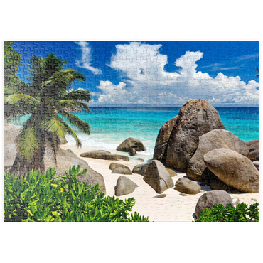 puzzleplate Granitfelsen am Carana Beach in der Carana Bay, Nordspitze der Insel Mahe, Seychellen 500 Puzzle