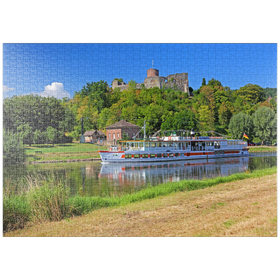 Darstellung des Puzzle-Motivs Ausflugsschiff auf der Weser mit Blick zur Burgruine, Polle, Niedersachsen – Puzzleteile: 1000