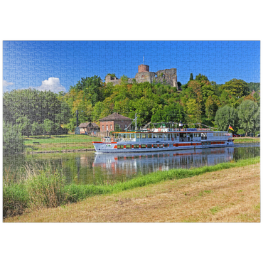 puzzleplate Ausflugsschiff auf der Weser mit Blick zur Burgruine, Polle, Niedersachsen, Deutschland 1000 Puzzle
