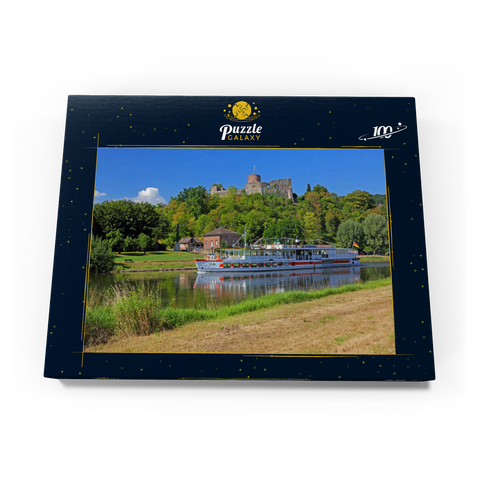 Ausflugsschiff auf der Weser mit Blick zur Burgruine, Polle, Niedersachsen, Deutschland 100 Puzzle Schachtel Ansicht3